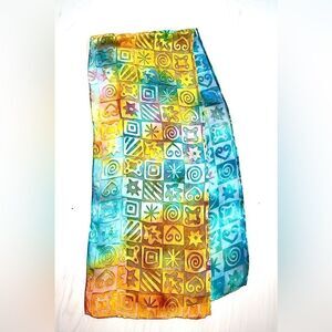 Hand painted blue gold jacquard modernist design silk chiffon scarf 11”x 56”